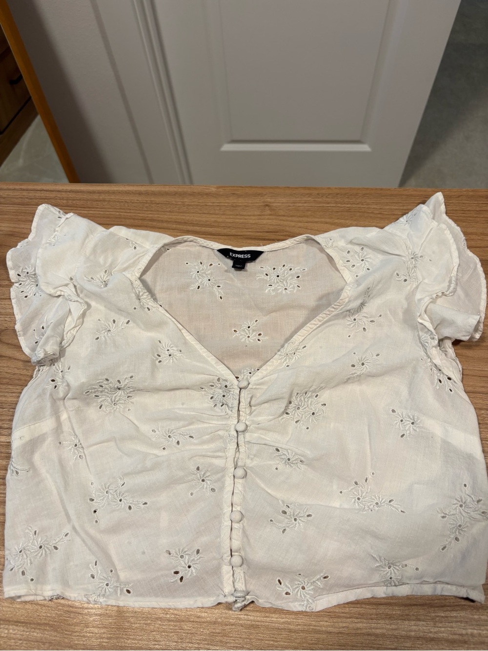 Express Cream Eyelet Button-Front Flutter Sleeve Top